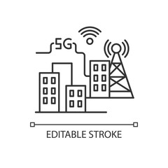 5G smart city pixel perfect linear icon. Improved urban infrastructure. Wireless technology. Thin line customizable illustration. Contour symbol. Vector isolated outline drawing. Editable stroke