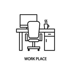 Work place line icon. Desk with computer and a cup of coffee. Concept for web banners and printed materials