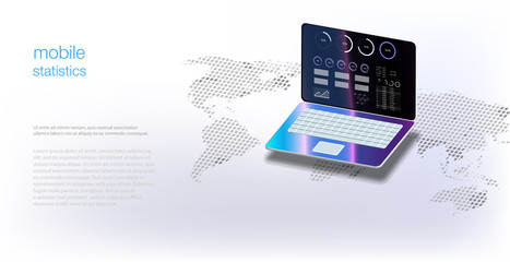 Analytics data on isometric laptop. Online statistics and data Analytics. Digital market, investment, finance and trading. Application of laptop with business graph and analytics data isometric laptop