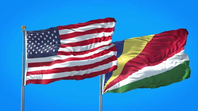 Seychelles and United States flag waving in deep blue sky together. High Definition 3D Render.