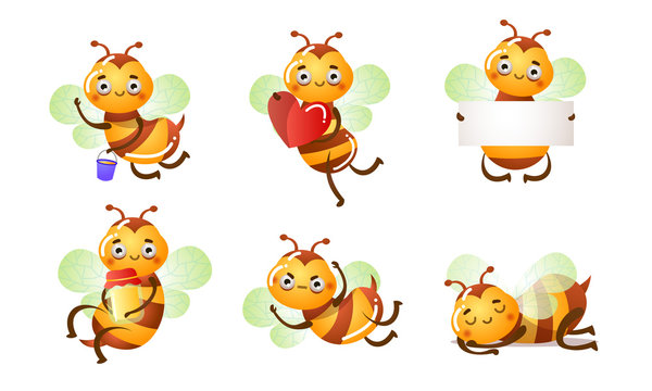 Set of smiling funny cute bees in different situations. Vector illustration in flat cartoon style.