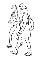 Vector outline drawing of group tourists students going on a stroll