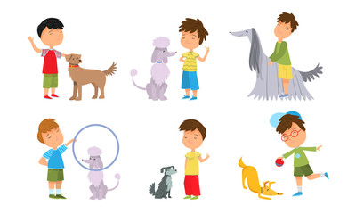 Set of boys playing, walking and training dogs. Vector illustration in flat cartoon style.