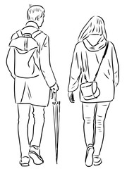 Vector drawing of teen girl walking down city street