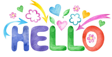 Watercolor illustration of colorful word hello with flowers, arrows and hearts isolated on white background. © annakonchits