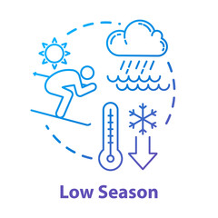 Low season concept icon. Traveling out of season, budget vacation idea thin line illustration. Affordable tourism opportunity, tourist trip discounts. Vector isolated outline RGB color drawing