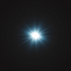White glowing light explodes on a transparent background. Sparkling magical dust particles. Bright Star. Transparent shining sun, bright flash. Vector sparkles. To center a bright flash.