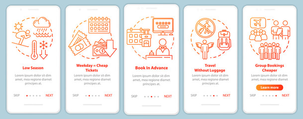 Advance reservation onboarding mobile app page screen with concepts. Frugality. Group travel. Budget tourism walkthrough five steps graphic instructions. UI vector template, RGB color illustrations