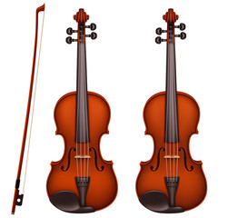 Realistic vector detailed brown violin with fiddlestick isolated on a white background. Classical stringed musical instrument with wooden texture. Layout design for banners and presentations
