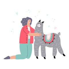 girl happy with cute alpaca vector illustration