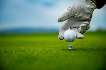 A golf player prepares a golf ball on a green course