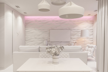 3d render Interior design in Scandinavian style, living room and kitchen