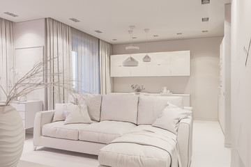 3d render Interior design in Scandinavian style, living room and kitchen