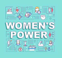 Obraz premium Womens power word concepts banner. Female affirmation. Motivation, empowerment. Infographics with linear icons on turquoise background. Isolated typography. Vector outline RGB color illustration