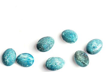 Easter eggs in blue, color 2020, eggs with space pattern isolated on white background