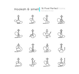 Hookah pixel perfect linear icons set. Sheesha bar. Hooka accessories. Tobacco option. Arabic lounge. Customizable thin line contour symbols. Isolated vector outline illustrations. Editable stroke