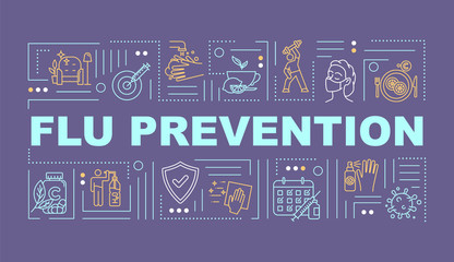 Flu prevention word concepts banner. Health protection. Vaccination shot. Infographics with linear icons on purple background. Isolated typography. Vector outline RGB color illustration