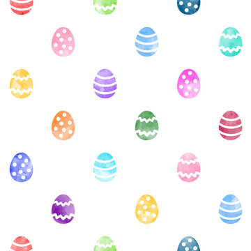 Colorful watercolor easter eggs seamless repeat vector pattern. Painted stylized egg shape, watercolour regular texture, holiday background. Rainbow bright colors colourful template.