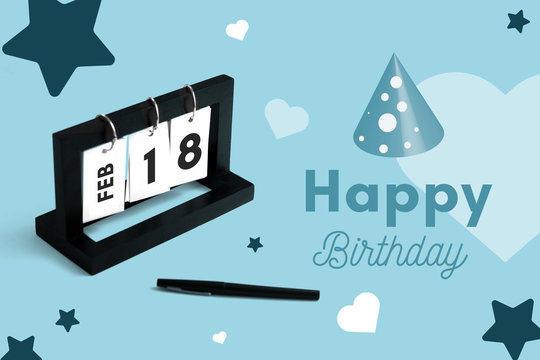 February 18th calendar for anniversary. Day 18 of month. Birthday card message for print.