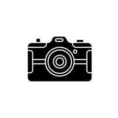 Digital still camera black glyph icon. Photography tool. Portable recording gadget. Photoshoot. Handheld electronic mobile device. Silhouette symbol on white space. Vector isolated illustration