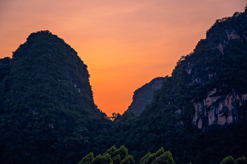 Fototapeta premium Yangshuo landscape panorama at dusk