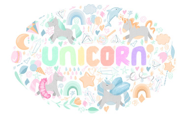 Pre-made composition of hand drawn unicorns and magic elements in pastel colors on white background