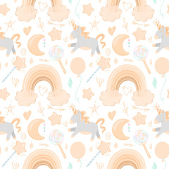 Seamless pattern with hand drawn unicorns and magic elements in warm pastel colors on white background