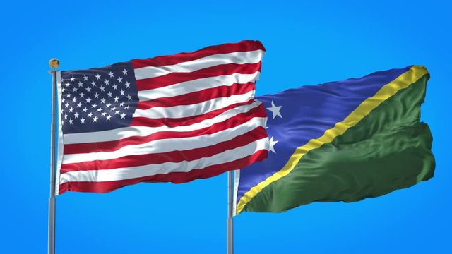 Solomon Islands and United States flag waving in deep blue sky together. High Definition 3D Render.