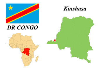 Democratic Republic Of The Congo. Capital Of Kinshasa. Flag of the DR Congo. Map of the continent of Africa with country borders. Vector graphics.