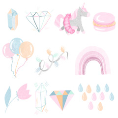 Hand drawn unicorn and magic elements collection in purple pastel colors, isolated objects on white background