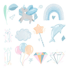 Hand drawn unicorn and magic elements collection in blue pastel colors, isolated objects on white background