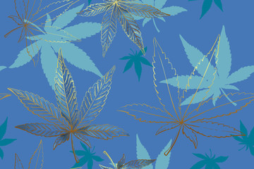 Fototapeta na wymiar Seamless pattern of gold cannabis leaves. Pattern of blue marijuana leaf.