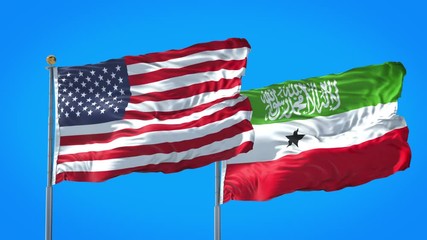 Somaliland and United States flag waving in deep blue sky together. High Definition 3D Render.