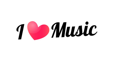 I love Music, Vector lettering Slogan with pink Heart isolated on white background.