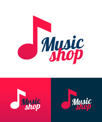 Music Shop Vector logo icon with Music Note and Caption, Lettering for Signboard of Music Store. Illustration on white, red, and dark background.