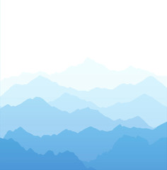 Vector illustration of beautiful light blue mountain landscape with fog - Sunrise dawn and sunset in mountains