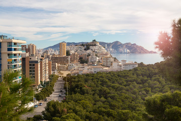Obraz premium Natural park and residential complex against the sea in La Cala de Fenistrat, Benidorm, Spain