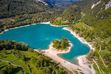 Plakat Arial View of Lake Tenno in autumn,Trento,Italy, Europa. Turquoise lake in the mountains