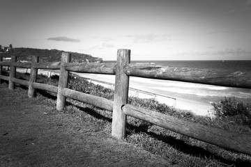 Black and white photo of a fence by the beach,Curl Curl Beach, Australia