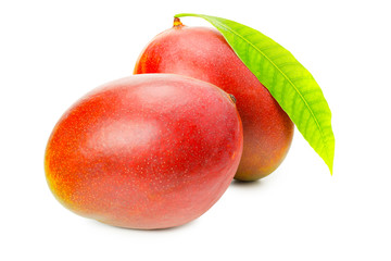 mango with green leaves isolated on white background