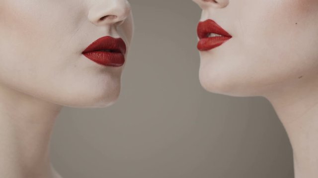 Red lipstick. Close-up of two faces  twins girls with a nude makeup and red lips. Perfect skin. Concept for cosmetics.