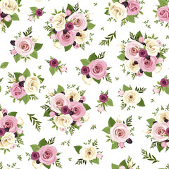 Vector seamless pattern with pink, purple and white roses and lisianthus flowers and blackberries.