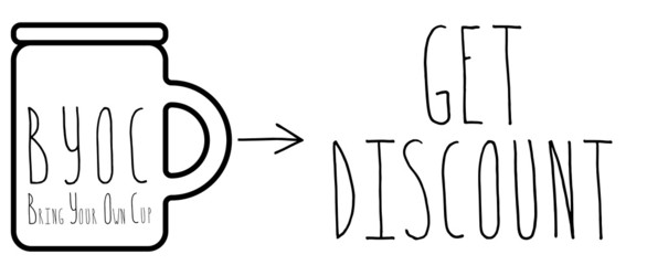 Vector illustration. Words bring your own cup and save planet, save money, get discount. Cup, mug, for coffee, tea. For printing on cafes, t-shirts. Black and white.