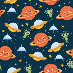 Naklejka premium Space seamless pattern. Kids illustration with different elements of space. Cute planets, stars, alien, ufo. Outer space.