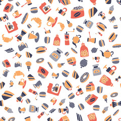 Seamless pattern with coffee, beans, sweets, cookies, milk, cinnamon. Endless background with hand-drawn elements. For menu design, paper packaging, textile, fabric, scrapbooking, advertising.