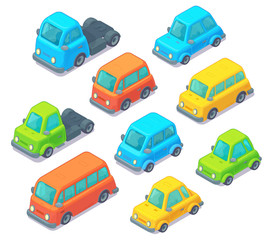 Set of isometric cars. Cartoon style. Isolated on white.