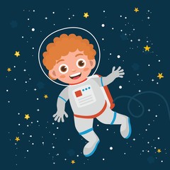 Fototapeta premium Little astronaut kids illustration and different elements of cosmos. Astronaut boy flies in outer space. Cosmos greeting card.