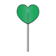 Lollipop, in the shape of a heart. Sugar caramel green. Translucent candy. Color vector illustration. Romantic dessert for Valentine's day. Isolated background. Idea for web design.