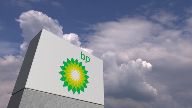 BP logo on sky background, editorial 3D rendering