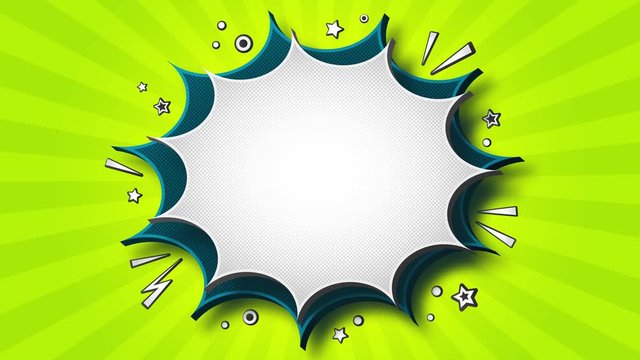 Animated comics background. Cartoonish video 4K in pop art style with speech bubbles on green backdrop with radial stripes and place for text